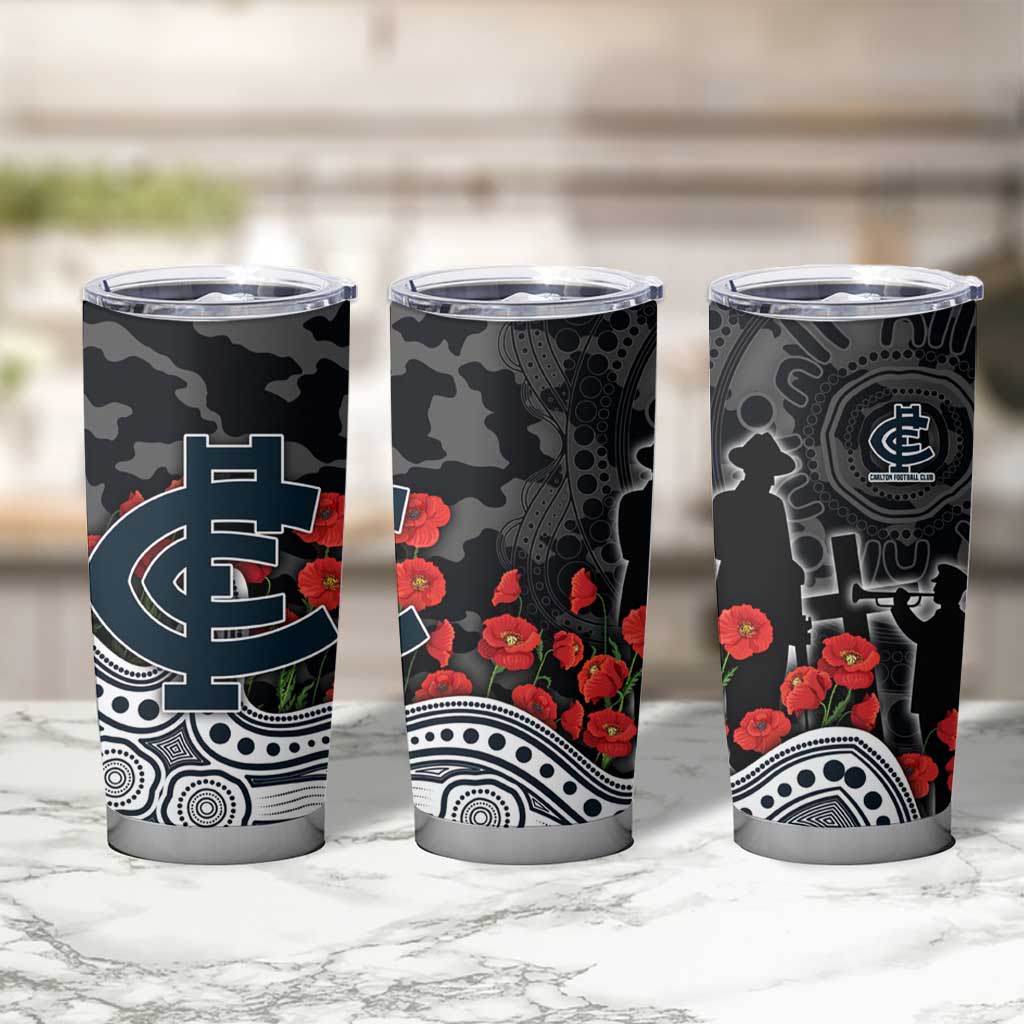 Carlton Blues ANZAC Day Tumbler Cup Indigenous Dot Art with Poppy Flower Tribute