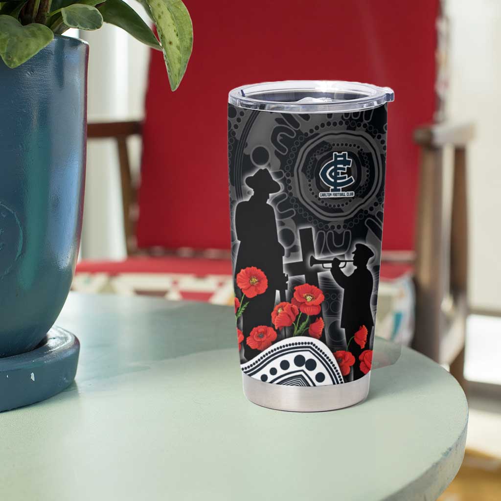 Carlton Blues ANZAC Day Tumbler Cup Indigenous Dot Art with Poppy Flower Tribute