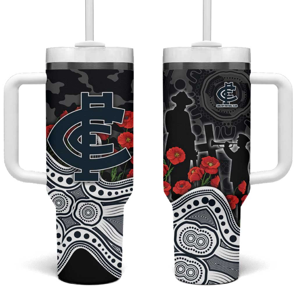 Carlton Blues ANZAC Day Tumbler With Handle Indigenous Dot Art with Poppy Flower Tribute