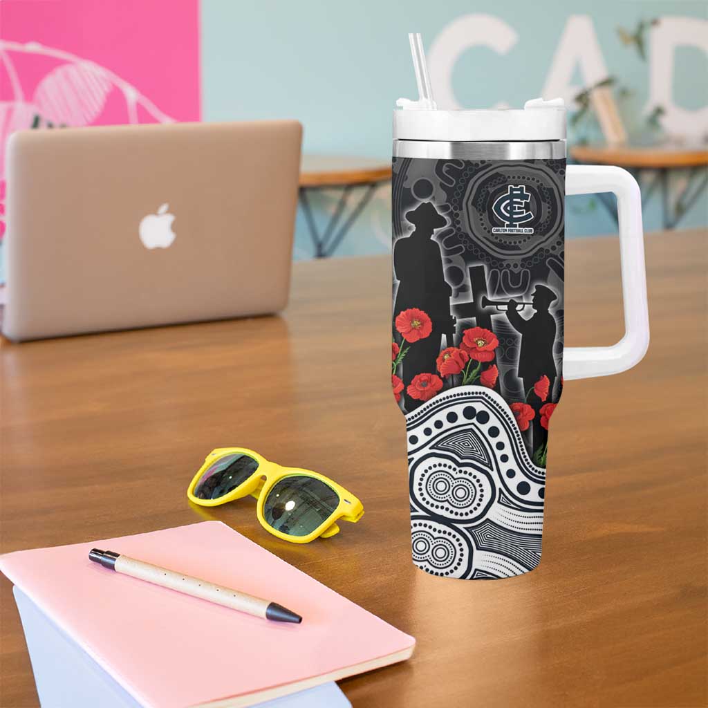 Carlton Blues ANZAC Day Tumbler With Handle Indigenous Dot Art with Poppy Flower Tribute