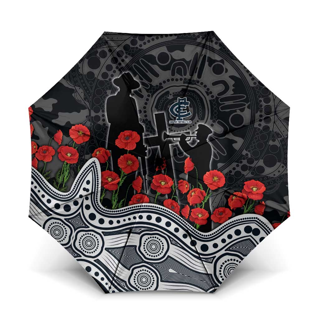 Carlton Blues ANZAC Day Umbrella Indigenous Dot Art with Poppy Flower Tribute