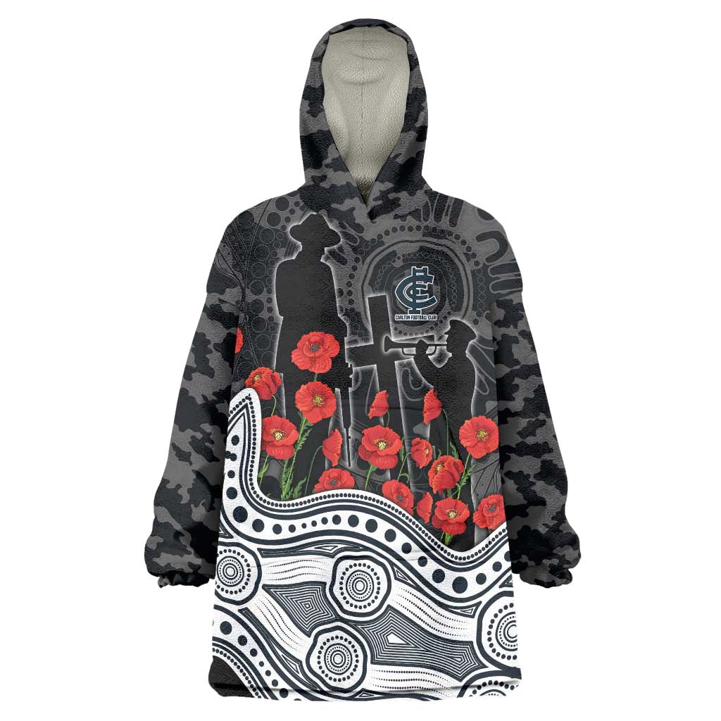 Carlton Blues ANZAC Day Wearable Blanket Hoodie Indigenous Dot Art with Poppy Flower Tribute