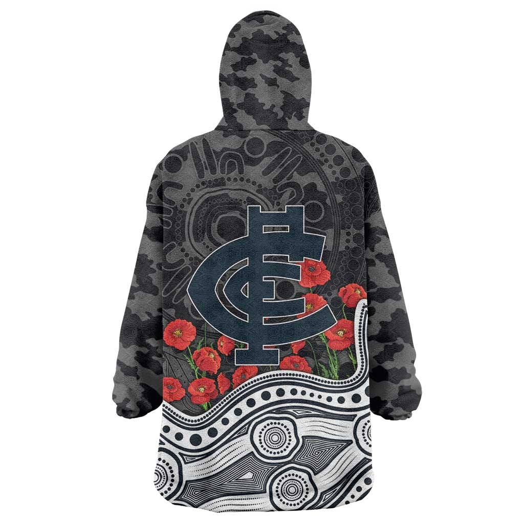 Carlton Blues ANZAC Day Wearable Blanket Hoodie Indigenous Dot Art with Poppy Flower Tribute