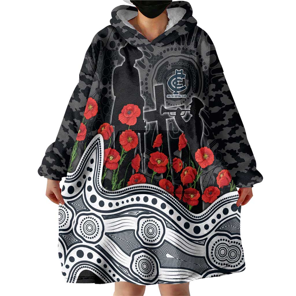 Carlton Blues ANZAC Day Wearable Blanket Hoodie Indigenous Dot Art with Poppy Flower Tribute