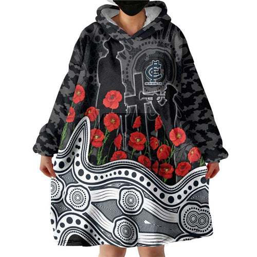 Carlton Blues ANZAC Day Wearable Blanket Hoodie Indigenous Dot Art with Poppy Flower Tribute