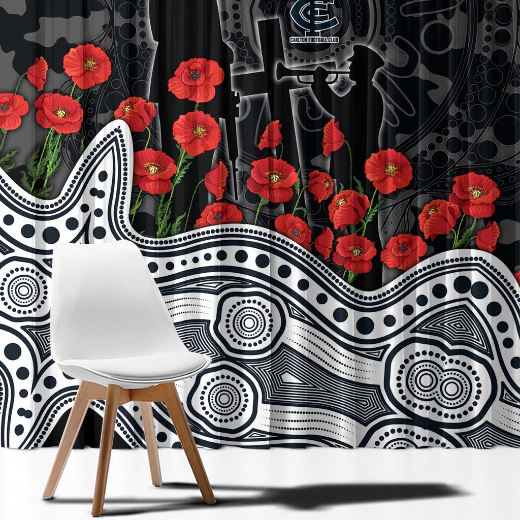 Carlton Blues ANZAC Day Window Curtain Indigenous Dot Art with Poppy Flower Tribute
