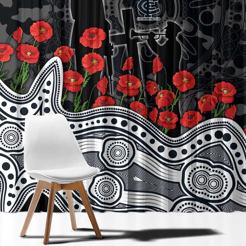 Carlton Blues ANZAC Day Window Curtain Indigenous Dot Art with Poppy Flower Tribute