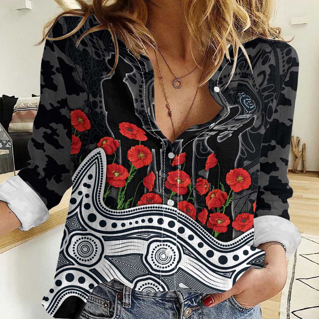 Carlton Blues ANZAC Day Women Casual Shirt Indigenous Dot Art with Poppy Flower Tribute