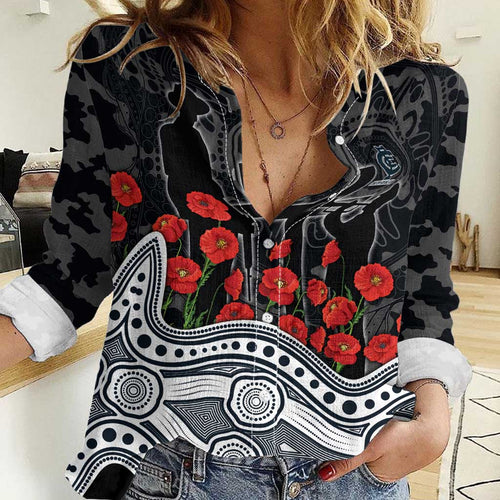 Carlton Blues ANZAC Day Women Casual Shirt Indigenous Dot Art with Poppy Flower Tribute