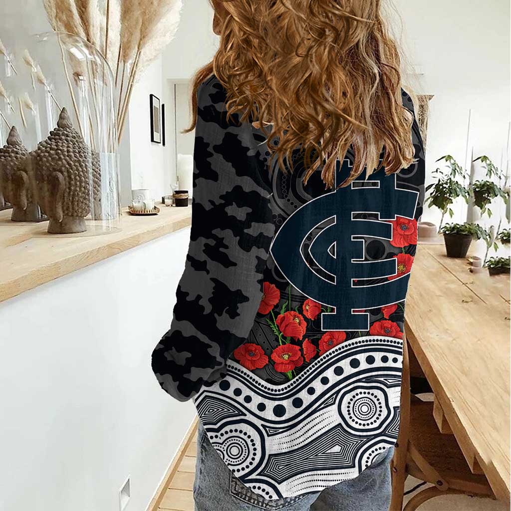 Carlton Blues ANZAC Day Women Casual Shirt Indigenous Dot Art with Poppy Flower Tribute