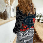 Carlton Blues ANZAC Day Women Casual Shirt Indigenous Dot Art with Poppy Flower Tribute