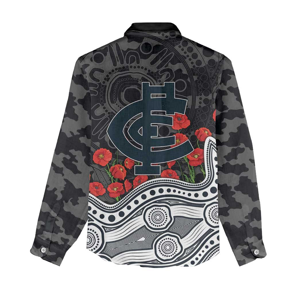 Carlton Blues ANZAC Day Women Casual Shirt Indigenous Dot Art with Poppy Flower Tribute