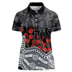 Carlton Blues ANZAC Day Women Polo Shirt Indigenous Dot Art with Poppy Flower Tribute