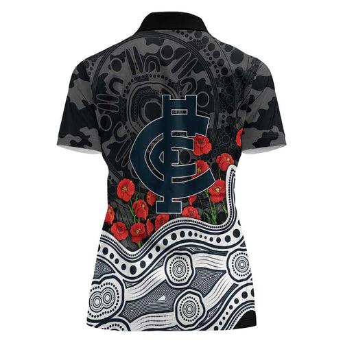 Carlton Blues ANZAC Day Women Polo Shirt Indigenous Dot Art with Poppy Flower Tribute