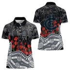 Carlton Blues ANZAC Day Women Polo Shirt Indigenous Dot Art with Poppy Flower Tribute