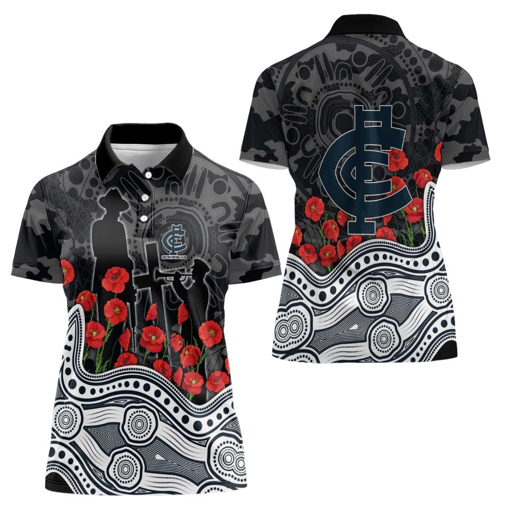 Carlton Blues ANZAC Day Women Polo Shirt Indigenous Dot Art with Poppy Flower Tribute