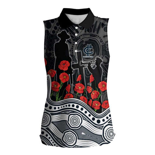 Carlton Blues ANZAC Day Women Sleeveless Polo Shirt Indigenous Dot Art with Poppy Flower Tribute