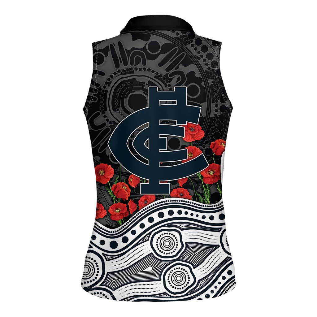 Carlton Blues ANZAC Day Women Sleeveless Polo Shirt Indigenous Dot Art with Poppy Flower Tribute