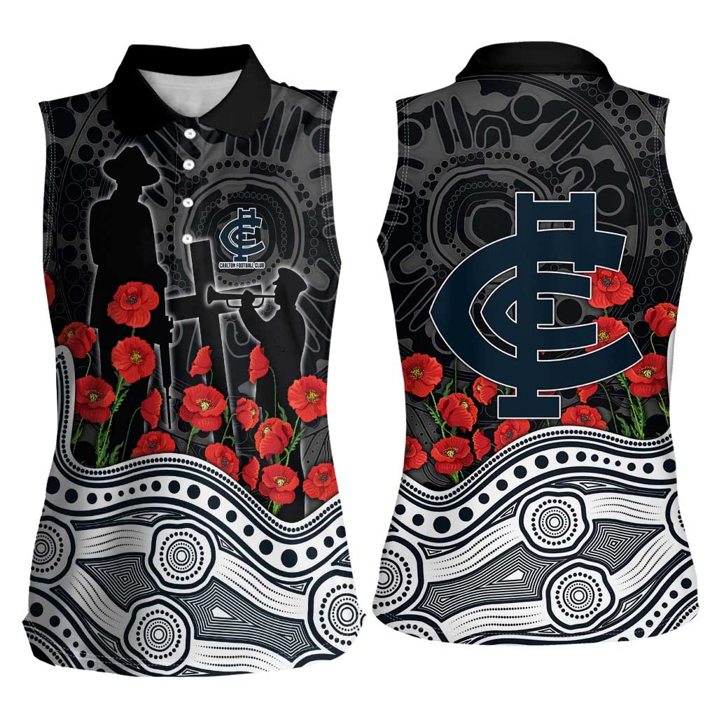 Carlton Blues ANZAC Day Women Sleeveless Polo Shirt Indigenous Dot Art with Poppy Flower Tribute