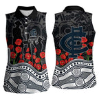 Carlton Blues ANZAC Day Women Sleeveless Polo Shirt Indigenous Dot Art with Poppy Flower Tribute