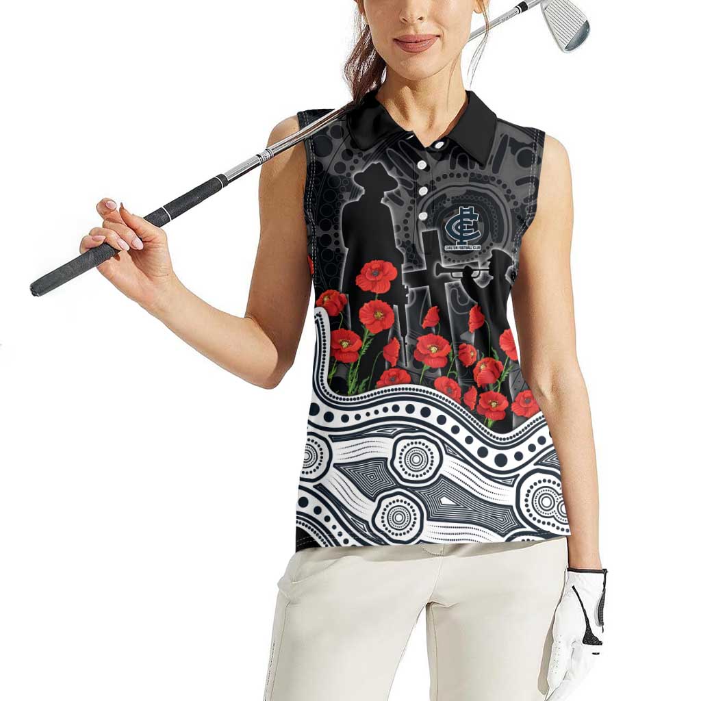Carlton Blues ANZAC Day Women Sleeveless Polo Shirt Indigenous Dot Art with Poppy Flower Tribute