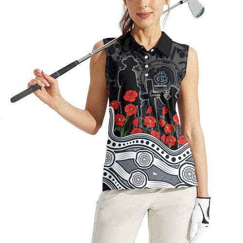 Carlton Blues ANZAC Day Women Sleeveless Polo Shirt Indigenous Dot Art with Poppy Flower Tribute