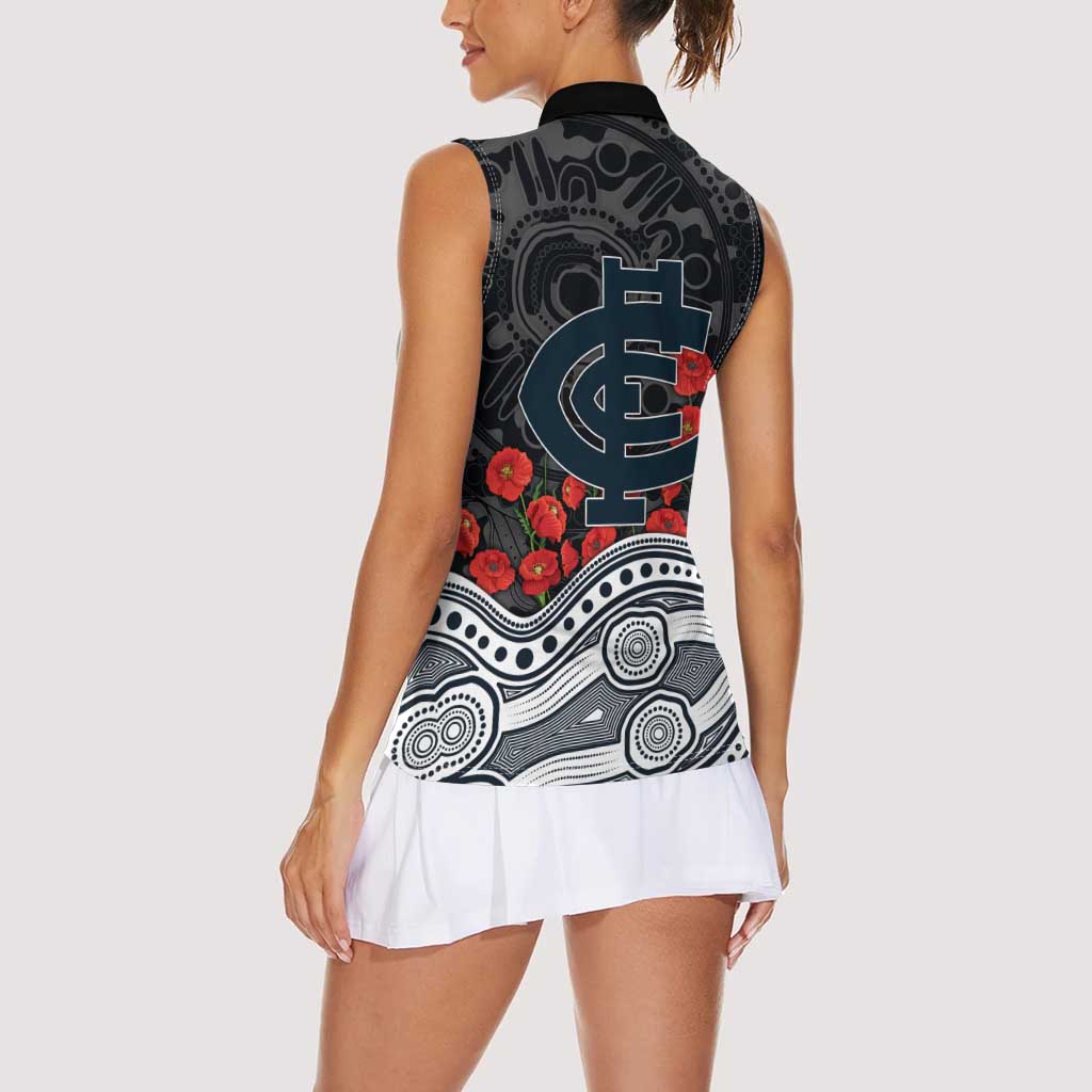 Carlton Blues ANZAC Day Women Sleeveless Polo Shirt Indigenous Dot Art with Poppy Flower Tribute