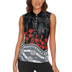 Carlton Blues ANZAC Day Women Sleeveless Polo Shirt Indigenous Dot Art with Poppy Flower Tribute
