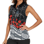 Carlton Blues ANZAC Day Women Sleeveless Polo Shirt Indigenous Dot Art with Poppy Flower Tribute
