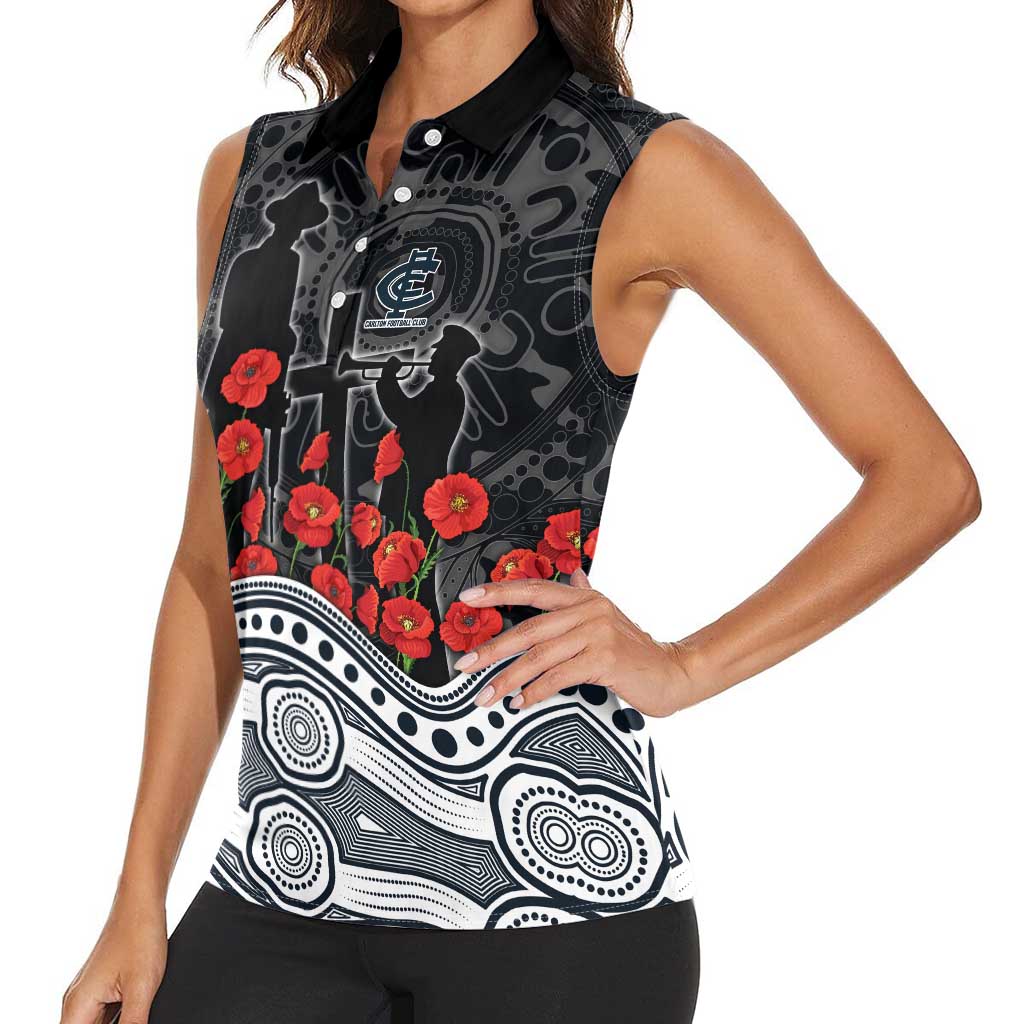 Carlton Blues ANZAC Day Women Sleeveless Polo Shirt Indigenous Dot Art with Poppy Flower Tribute