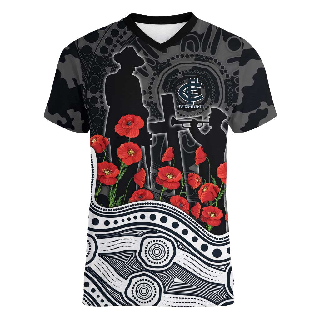 Carlton Blues ANZAC Day Women V-Neck T-Shirt Indigenous Dot Art with Poppy Flower Tribute