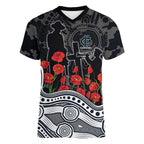 Carlton Blues ANZAC Day Women V-Neck T-Shirt Indigenous Dot Art with Poppy Flower Tribute