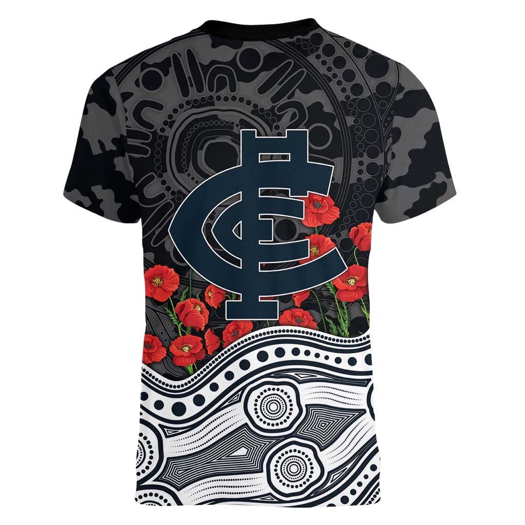 Carlton Blues ANZAC Day Women V-Neck T-Shirt Indigenous Dot Art with Poppy Flower Tribute