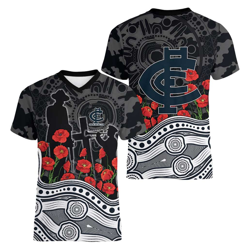 Carlton Blues ANZAC Day Women V-Neck T-Shirt Indigenous Dot Art with Poppy Flower Tribute