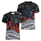 Carlton Blues ANZAC Day Women V-Neck T-Shirt Indigenous Dot Art with Poppy Flower Tribute
