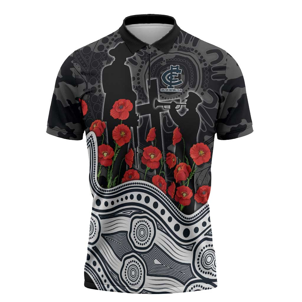 Carlton Blues ANZAC Day Zipper Polo Shirt Indigenous Dot Art with Poppy Flower Tribute