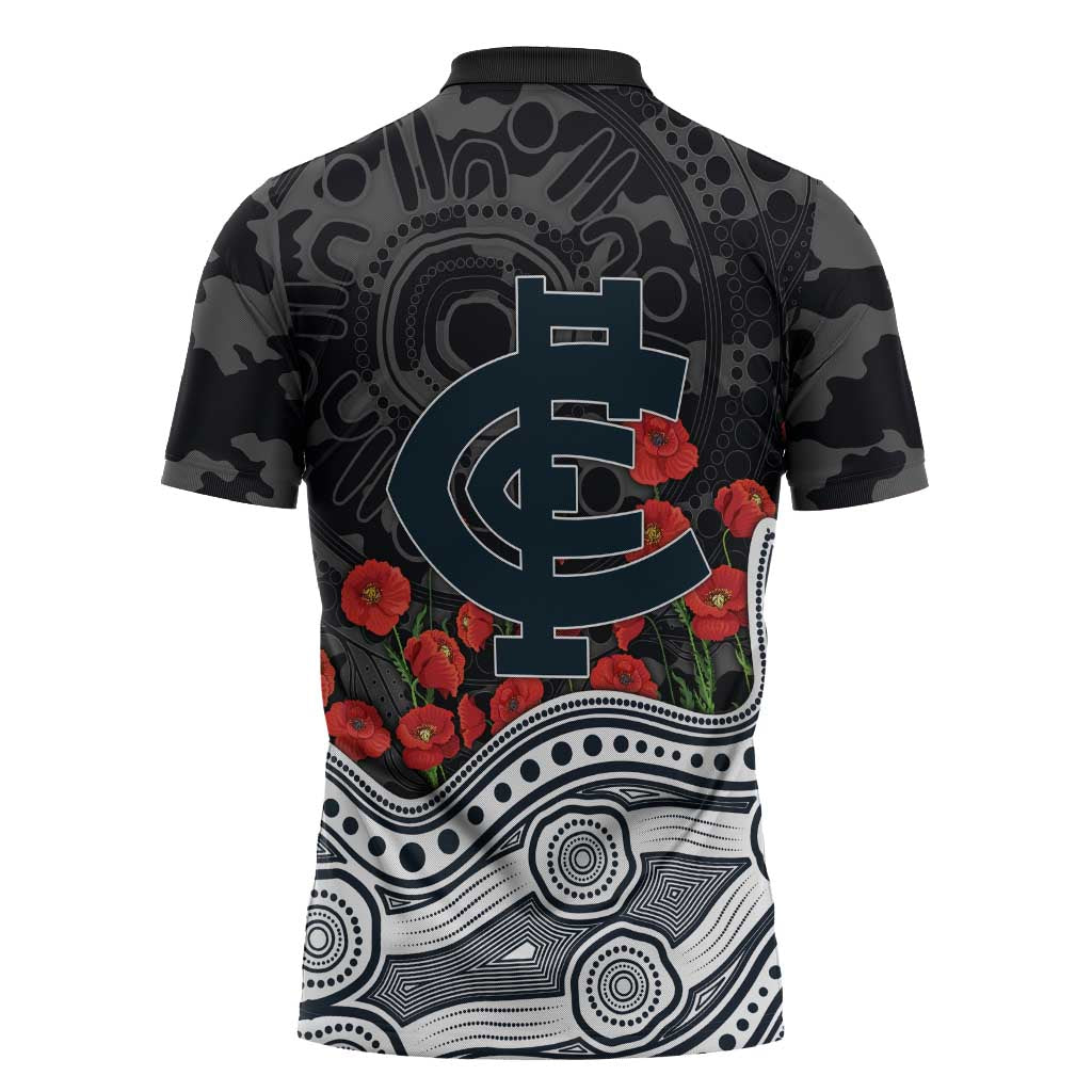 Carlton Blues ANZAC Day Zipper Polo Shirt Indigenous Dot Art with Poppy Flower Tribute