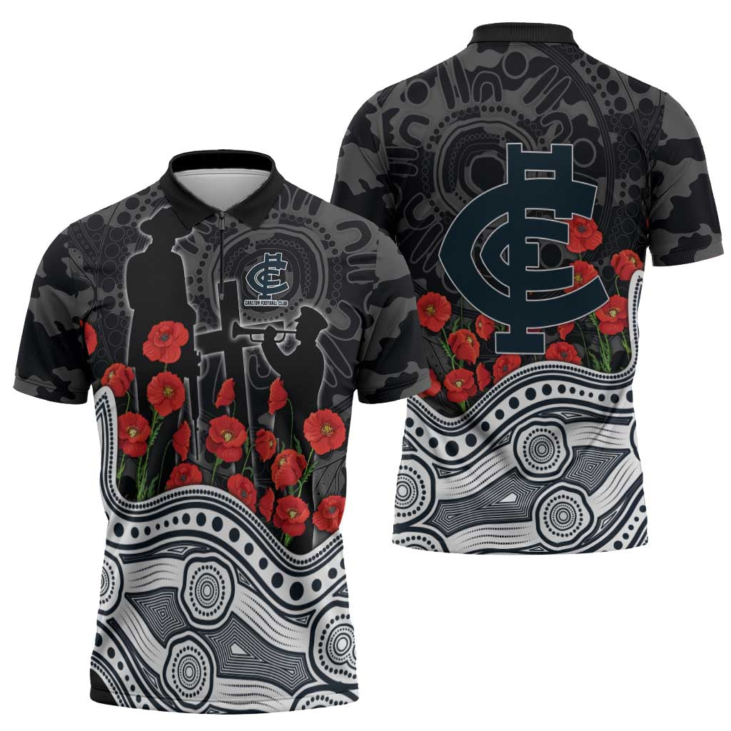 Carlton Blues ANZAC Day Zipper Polo Shirt Indigenous Dot Art with Poppy Flower Tribute