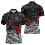 Carlton Blues ANZAC Day Zipper Polo Shirt Indigenous Dot Art with Poppy Flower Tribute