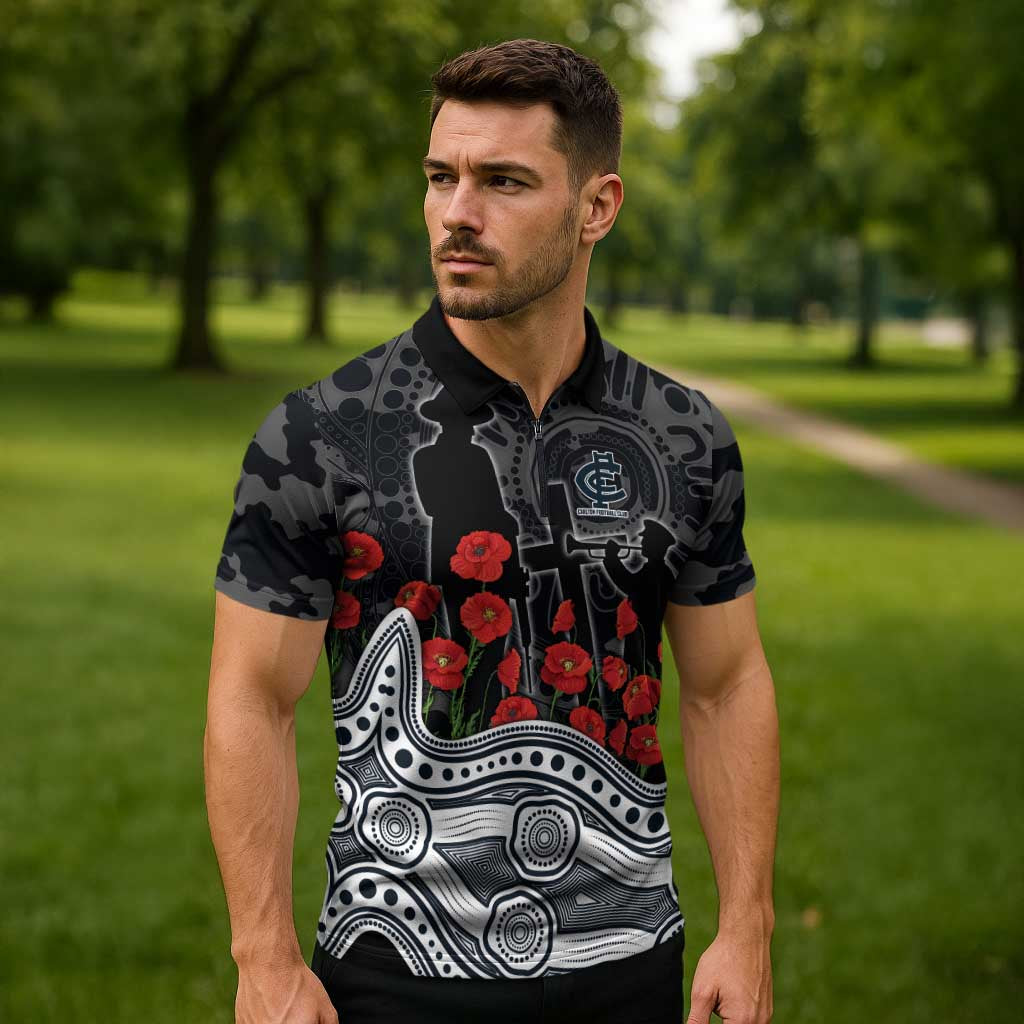 Carlton Blues ANZAC Day Zipper Polo Shirt Indigenous Dot Art with Poppy Flower Tribute