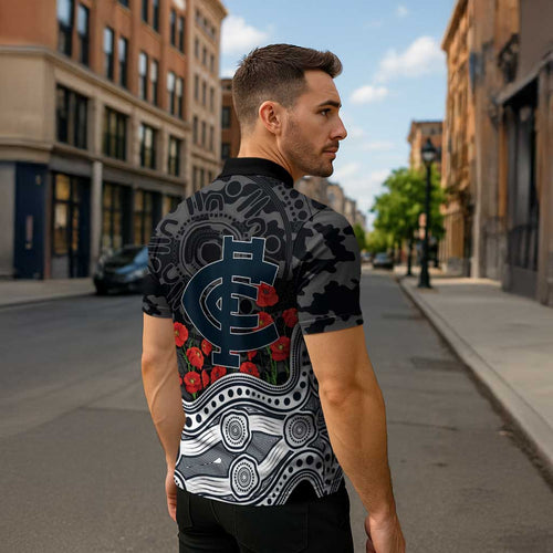 Carlton Blues ANZAC Day Zipper Polo Shirt Indigenous Dot Art with Poppy Flower Tribute