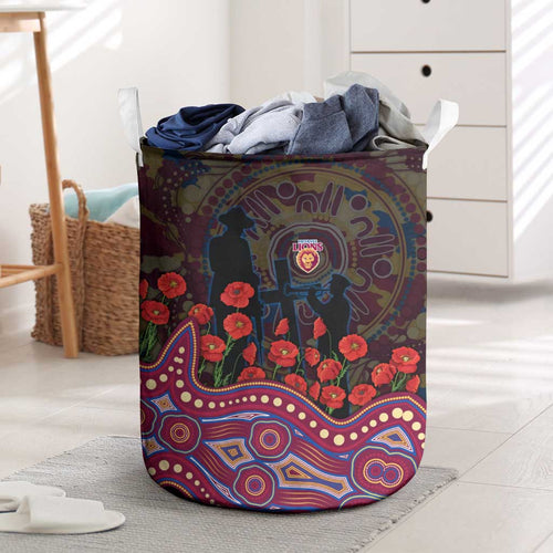 Brisbane Lions ANZAC Day Laundry Basket Indigenous Dot Art with Poppy Flower Tribute