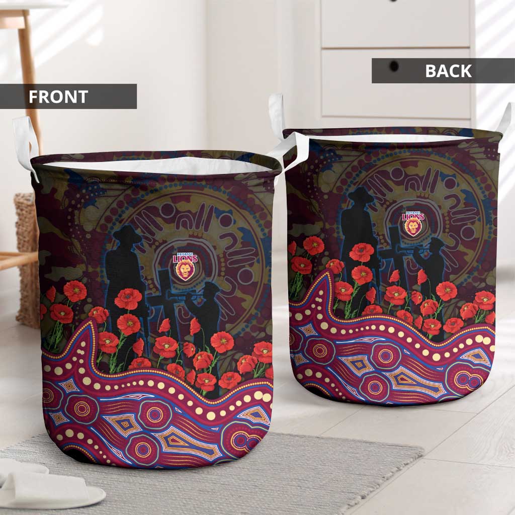 Brisbane Lions ANZAC Day Laundry Basket Indigenous Dot Art with Poppy Flower Tribute