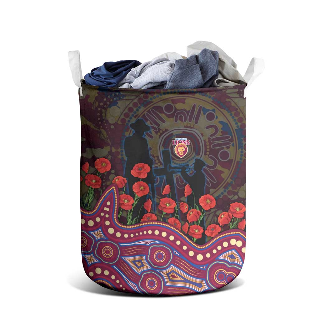 Brisbane Lions ANZAC Day Laundry Basket Indigenous Dot Art with Poppy Flower Tribute