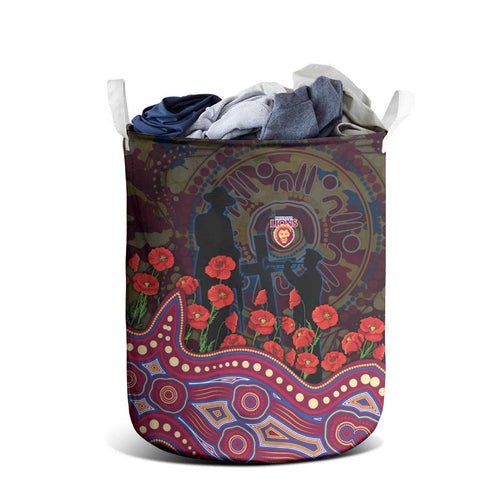 Brisbane Lions ANZAC Day Laundry Basket Indigenous Dot Art with Poppy Flower Tribute