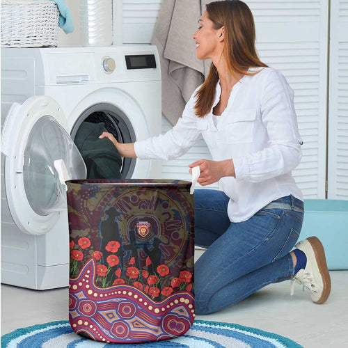 Brisbane Lions ANZAC Day Laundry Basket Indigenous Dot Art with Poppy Flower Tribute