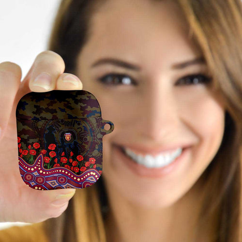 Brisbane Lions ANZAC Day AirPods Case Indigenous Dot Art with Poppy Flower Tribute