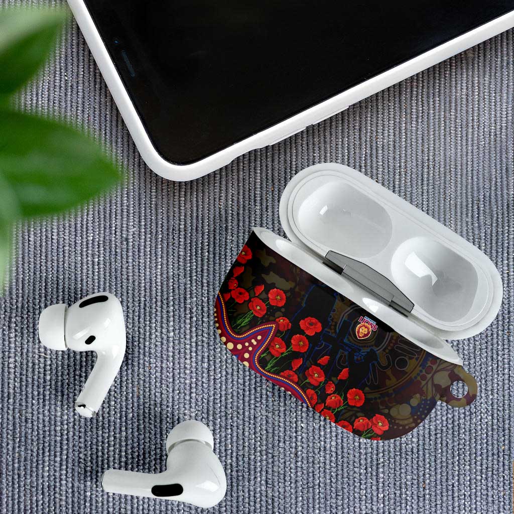 Brisbane Lions ANZAC Day AirPods Case Indigenous Dot Art with Poppy Flower Tribute
