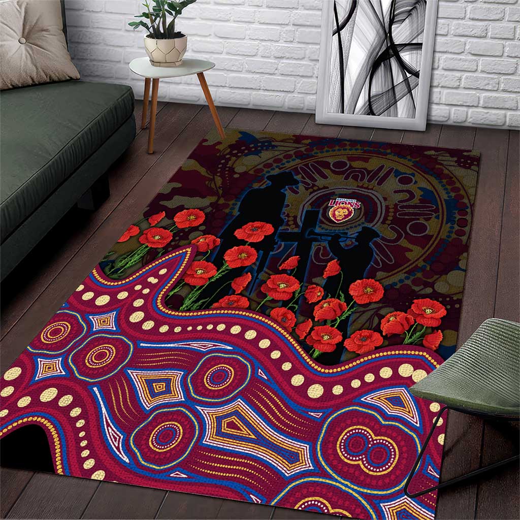 Brisbane Lions ANZAC Day Area Rug Indigenous Dot Art with Poppy Flower Tribute