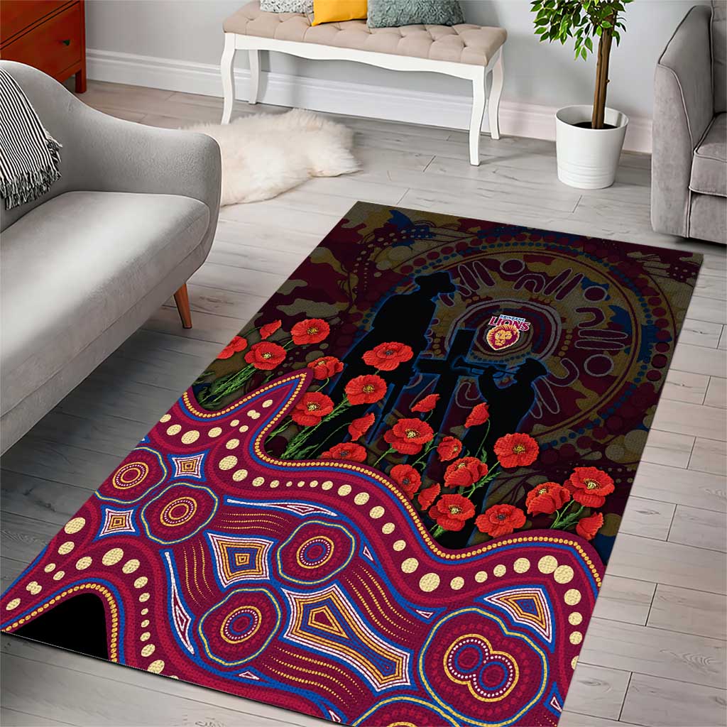 Brisbane Lions ANZAC Day Area Rug Indigenous Dot Art with Poppy Flower Tribute